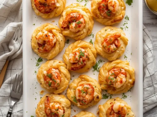 A platter of holiday shrimp puff pastry bites arranged for a festive gathering.