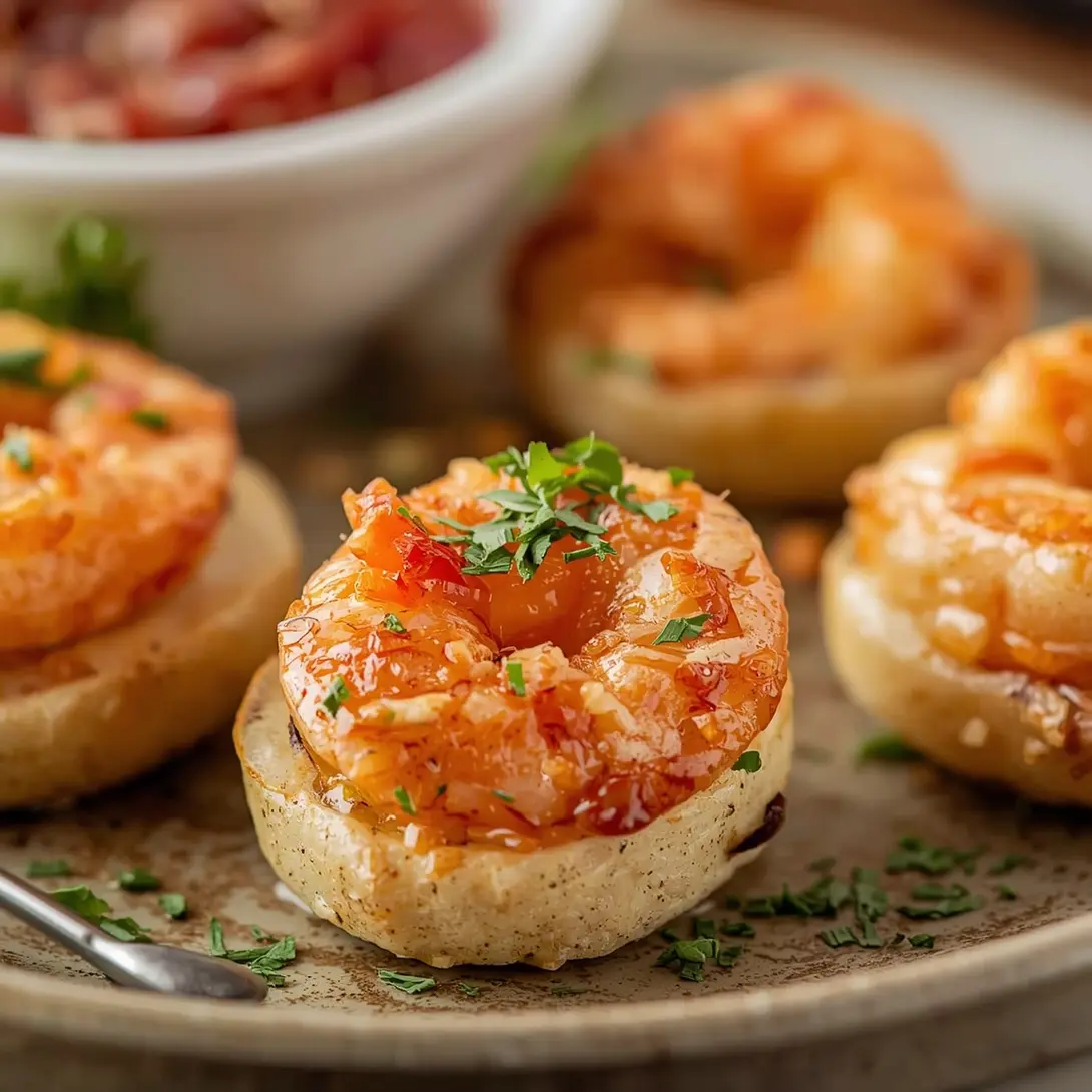 A platter of holiday shrimp puff pastry bites arranged for a festive gathering.