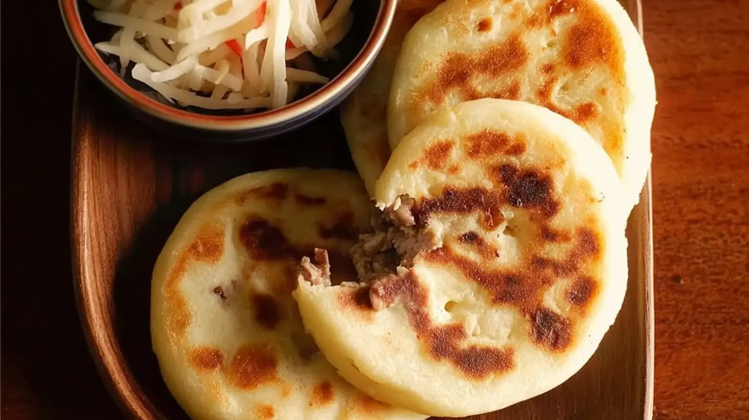 Freshly made homemade masa cheese pupusas on a griddle