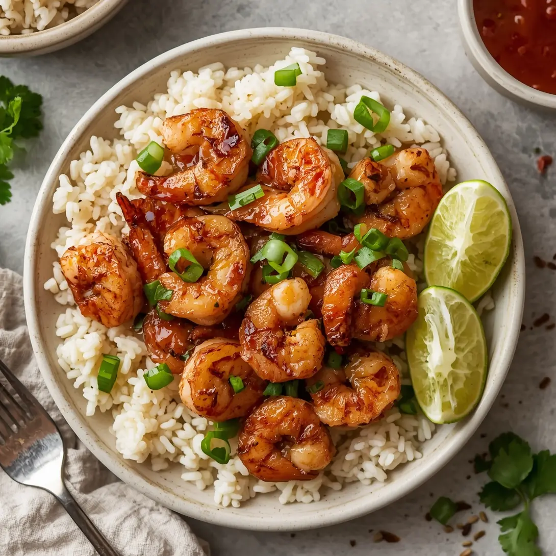 A serving of honey chili grilled shrimp with rice on a plate.