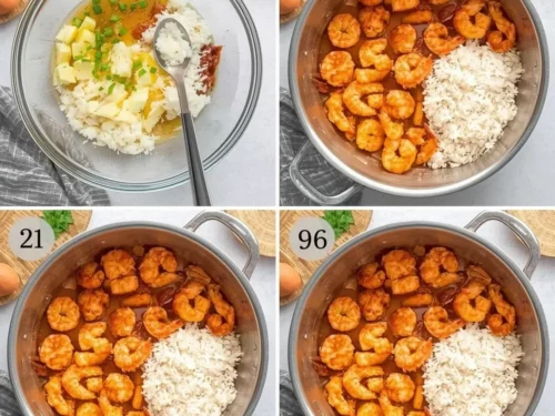 A serving of honey chili grilled shrimp with rice on a plate.