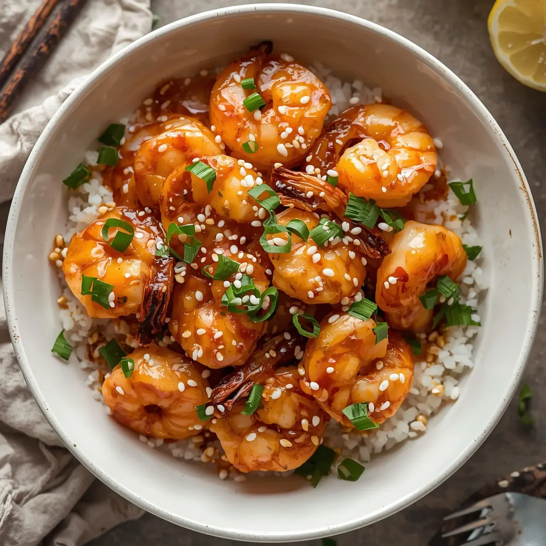 A serving of honey chili grilled shrimp with rice on a plate.