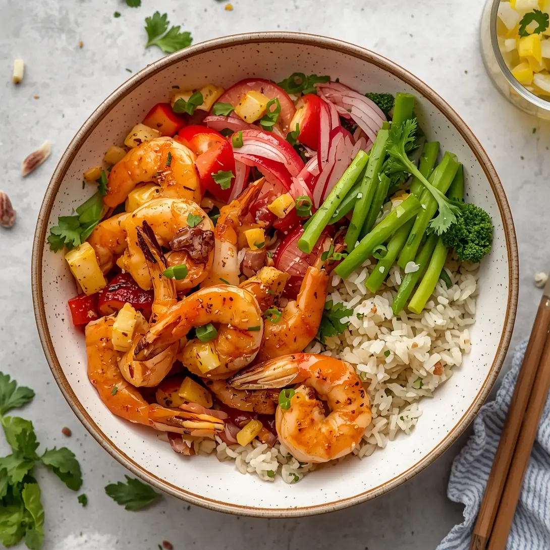 A vibrant honey garlic shrimp bowl filled with colorful vegetables and rice.