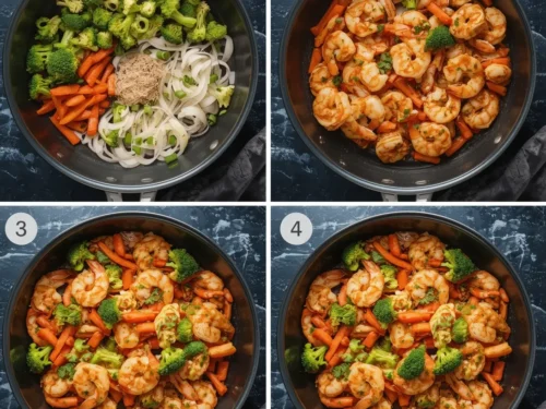 A vibrant honey garlic shrimp bowl filled with colorful vegetables and rice.