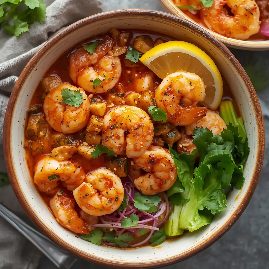 A vibrant honey garlic shrimp bowl filled with colorful vegetables and rice.