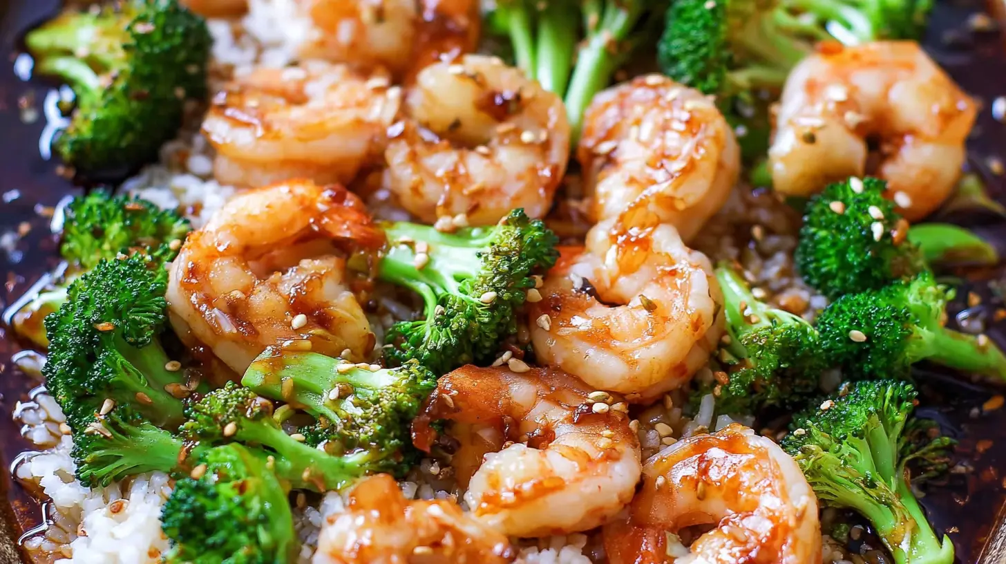 A vibrant honey garlic shrimp bowl served with fresh vegetables and rice.