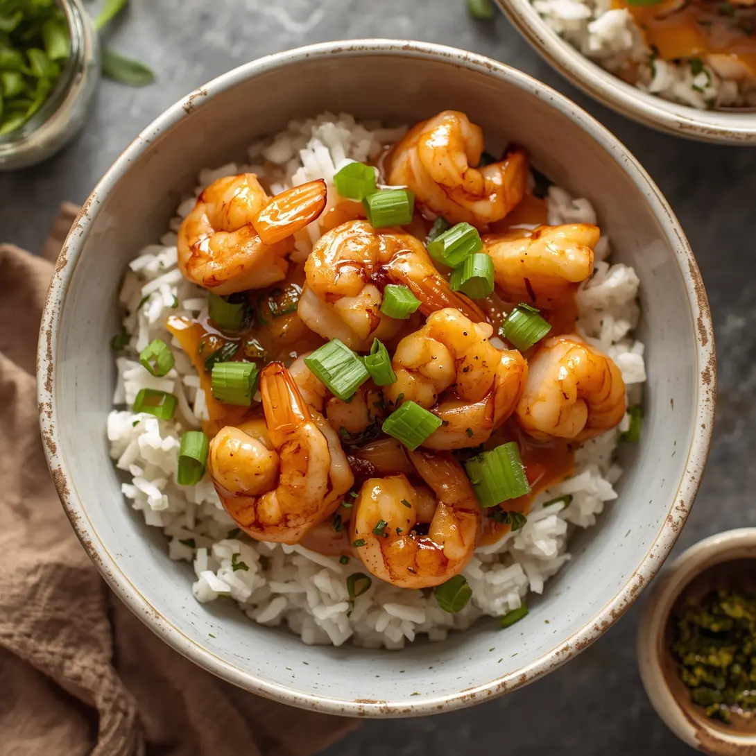 A close-up shot of Honey Garlic Shrimp Rice Bowls with green onions