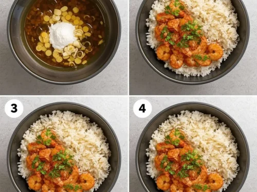 A close-up shot of Honey Garlic Shrimp Rice Bowls with green onions