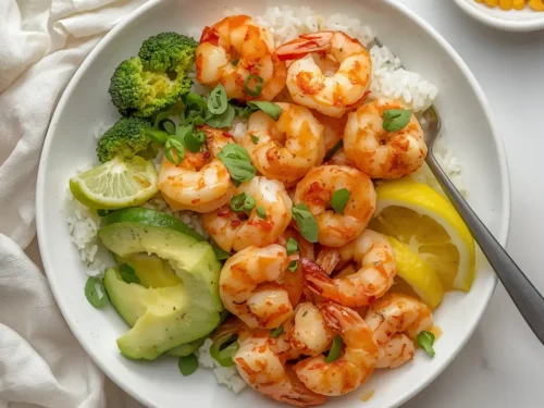 A close-up shot of Honey Garlic Shrimp Rice Bowls with green onions