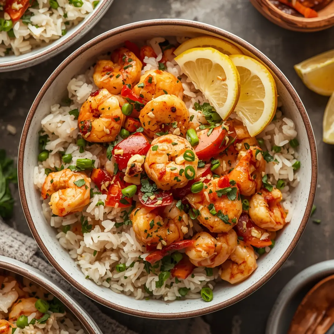 A close-up shot of Honey Garlic Shrimp Rice Bowls with green onions