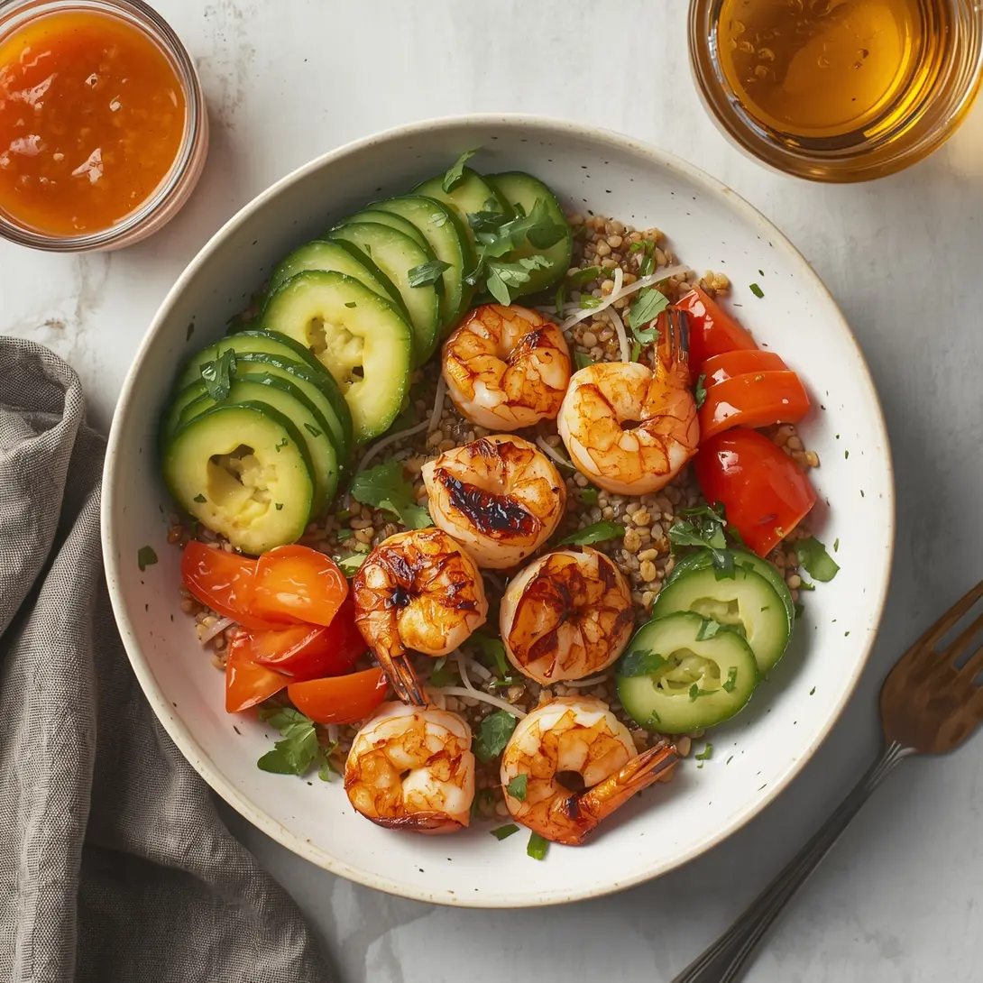 An irresistible grilled shrimp grain bowl with fresh vegetables and a vibrant dressing