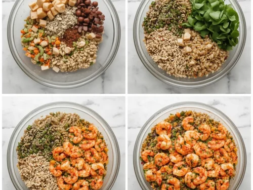 An irresistible grilled shrimp grain bowl with fresh vegetables and a vibrant dressing