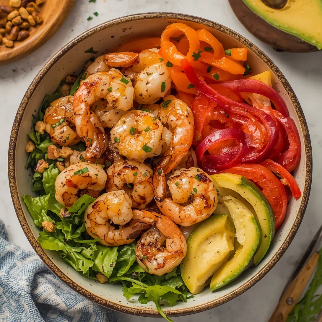 An irresistible grilled shrimp grain bowl with fresh vegetables and a vibrant dressing