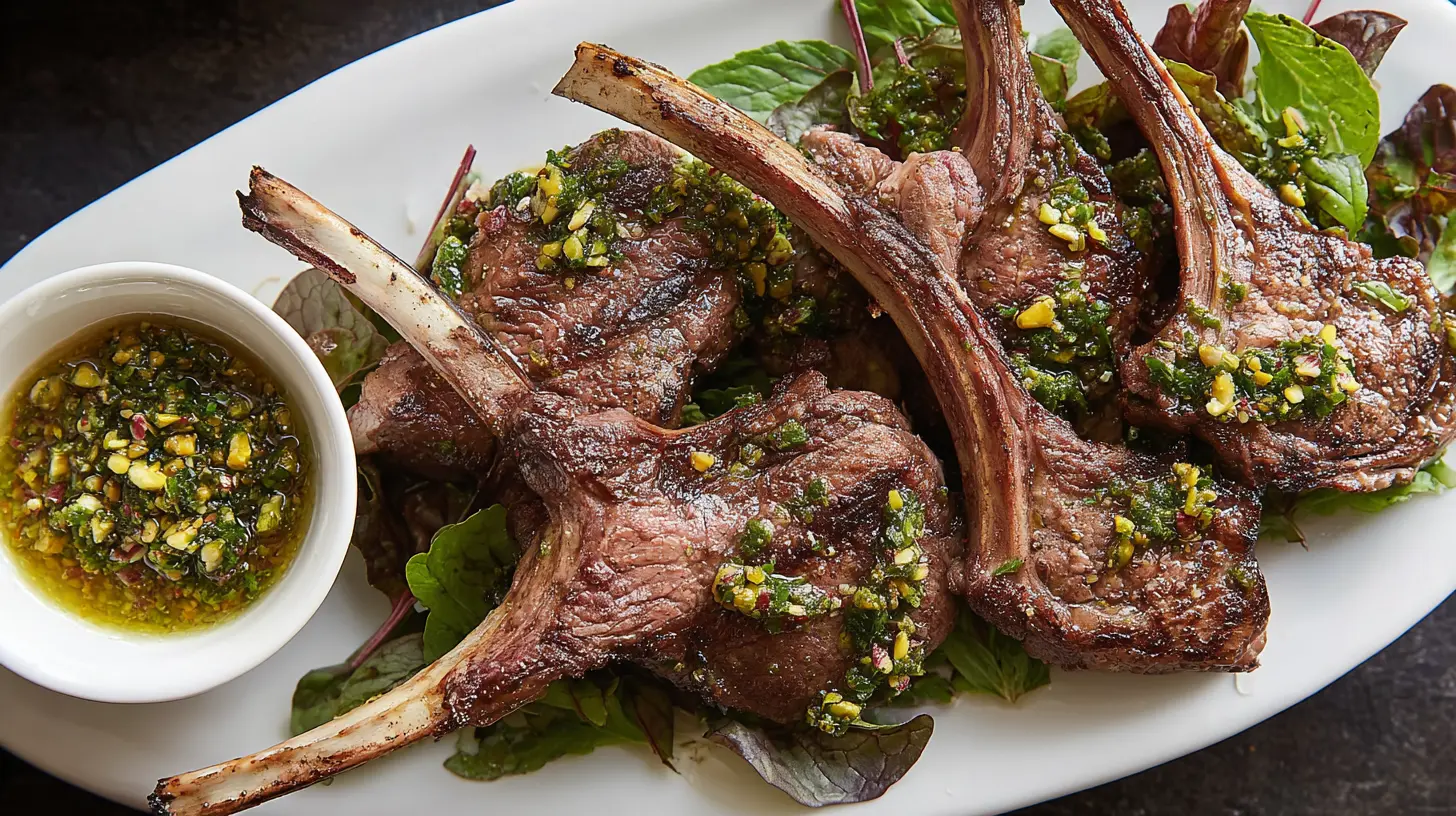 Grilled lamb chops served with a vibrant pistachio salsa verde