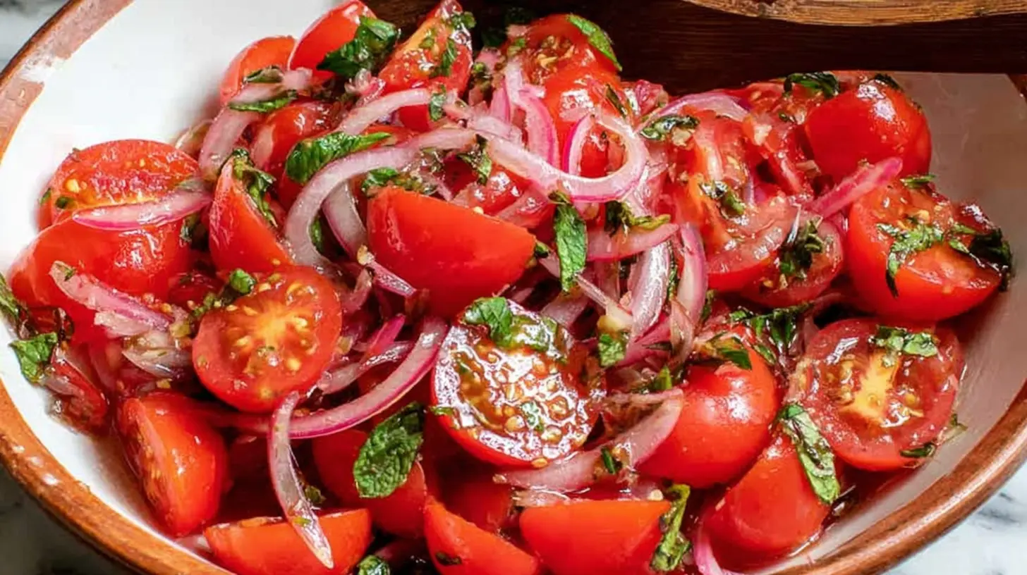 A fresh Lebanese tomato salad with vibrant red tomatoes and green herbs.