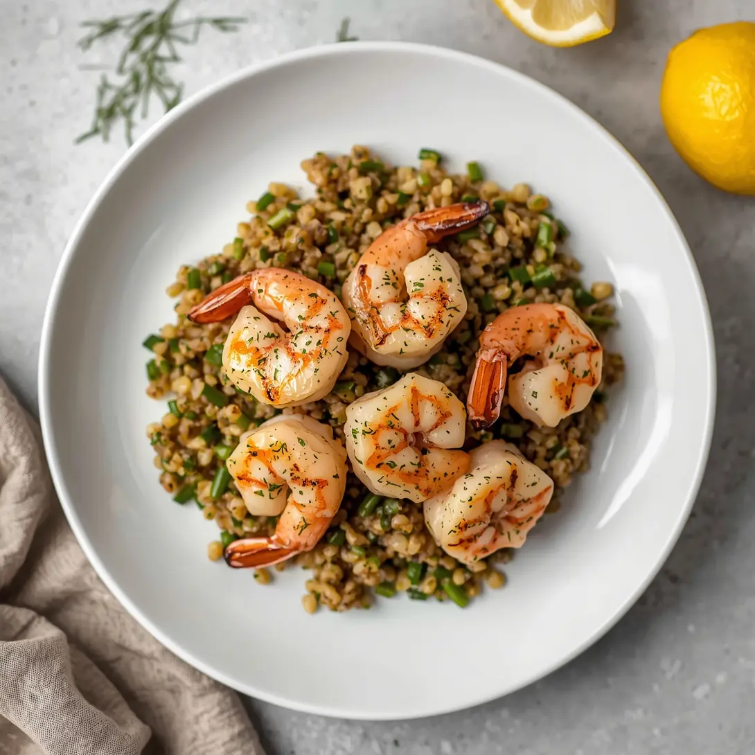Lemon dill grilled shrimp served over a bed of quinoa on a white plate