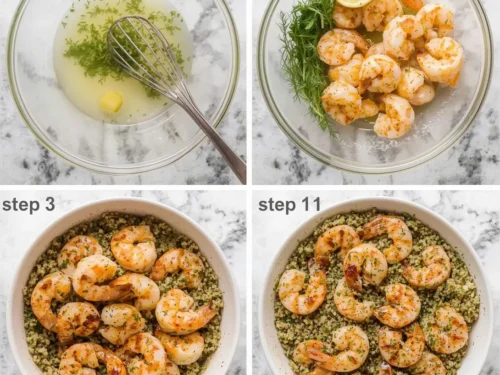 Lemon dill grilled shrimp served over a bed of quinoa on a white plate