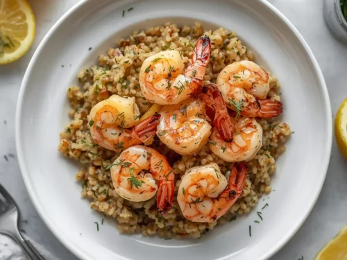 Lemon dill grilled shrimp served over a bed of quinoa on a white plate