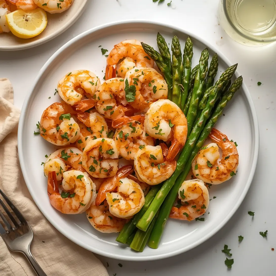 A serving of succulent Lemon Garlic Butter Shrimp with tender asparagus spears.
