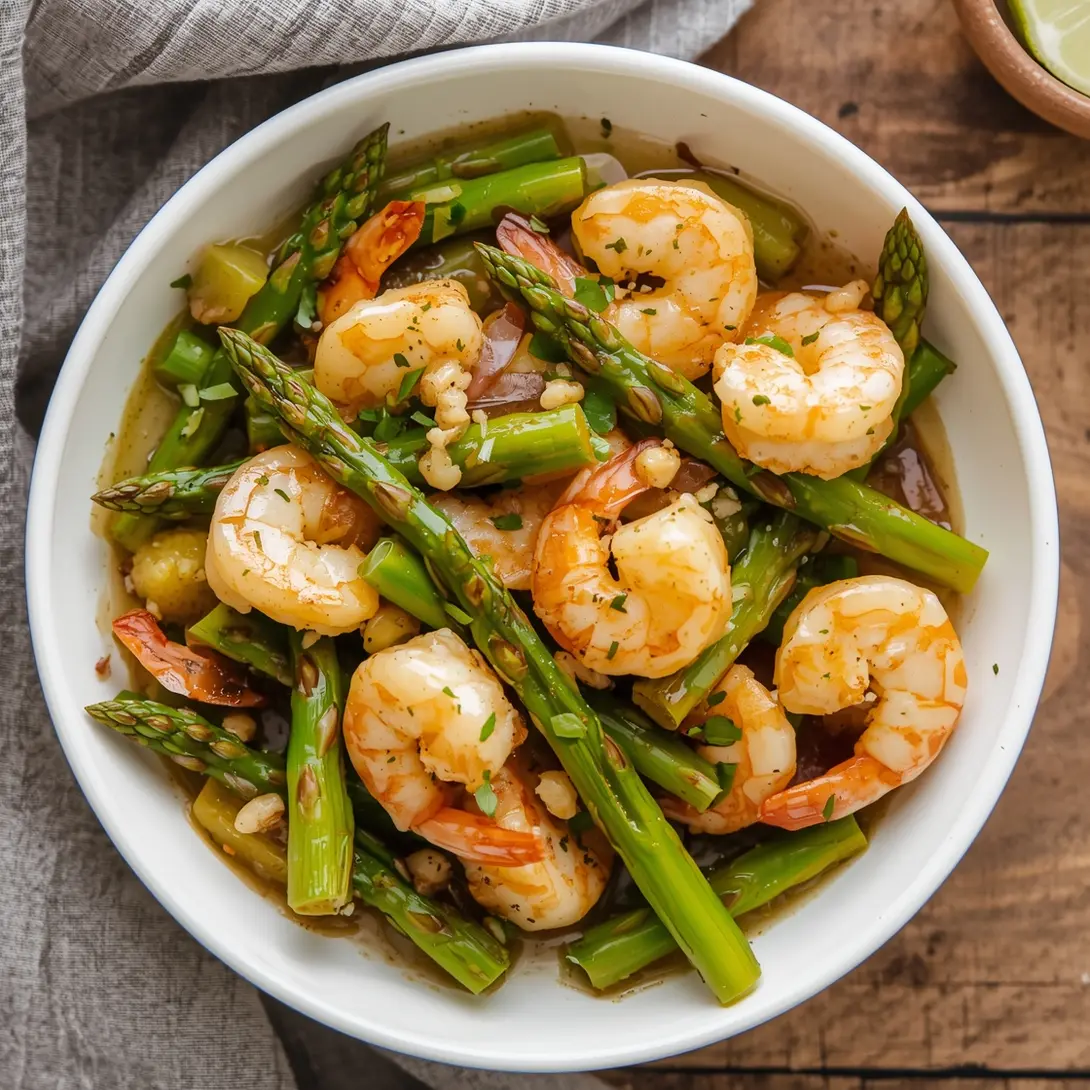 A serving of succulent Lemon Garlic Butter Shrimp with tender asparagus spears.