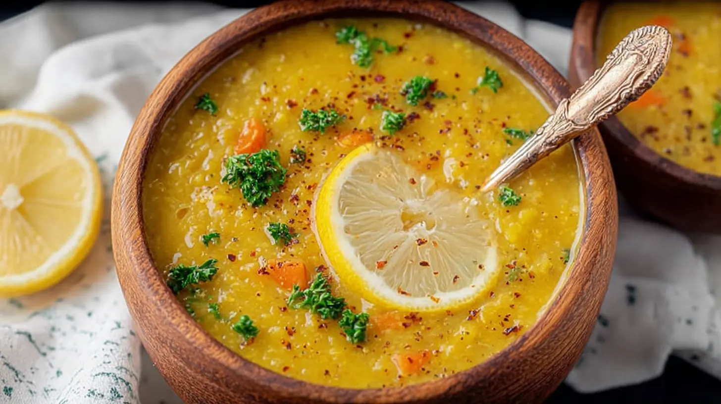 A steaming bowl of lemon lentil soup with fresh herbs