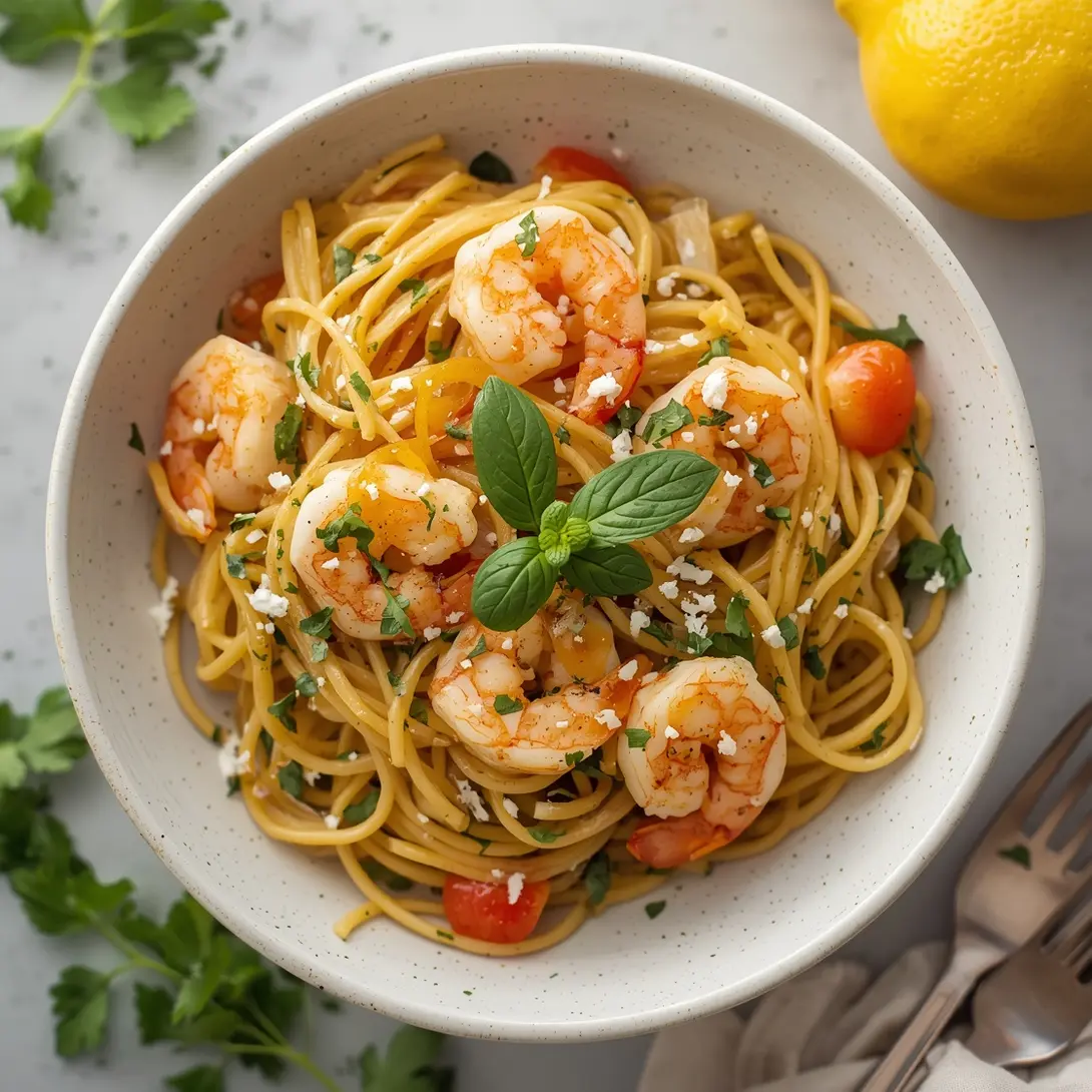 A vibrant dish of lemon shrimp angel hair pasta with fresh herbs.