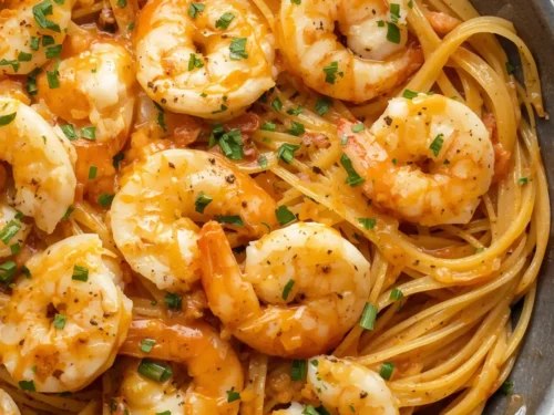 A vibrant dish of lemon shrimp angel hair pasta with fresh herbs.