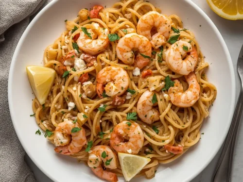 A vibrant dish of lemon shrimp angel hair pasta with fresh herbs.