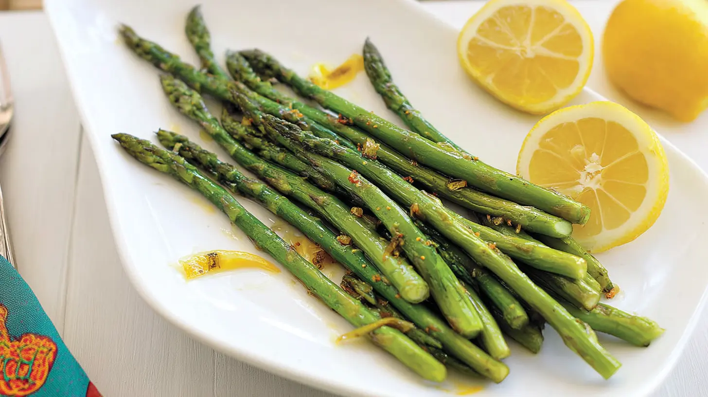 A pile of vibrant green lemony asparagus stalks on a white plate.