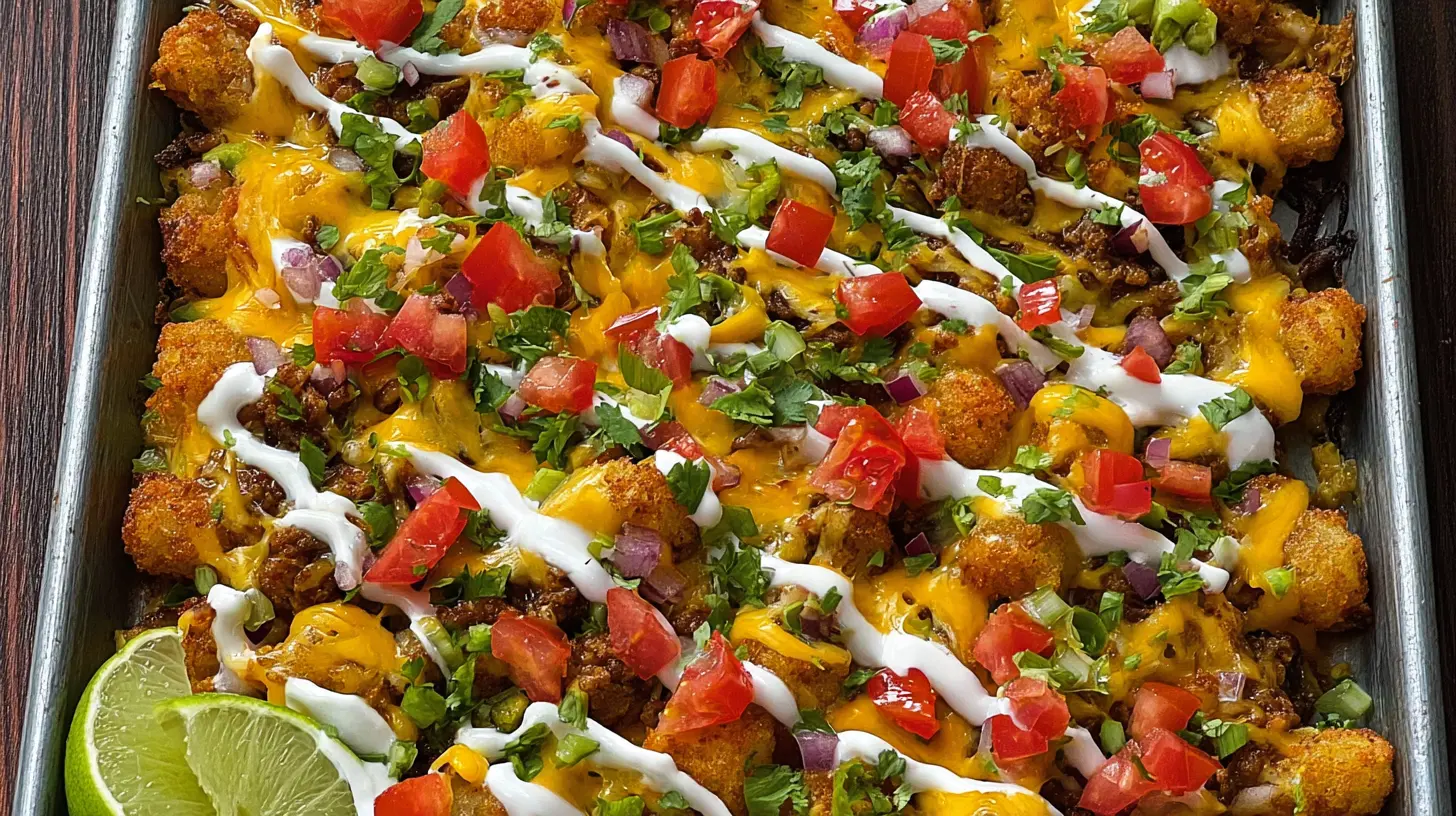 Close-up of golden tater tot nachos featuring melted cheese, jalapeños, and sour cream