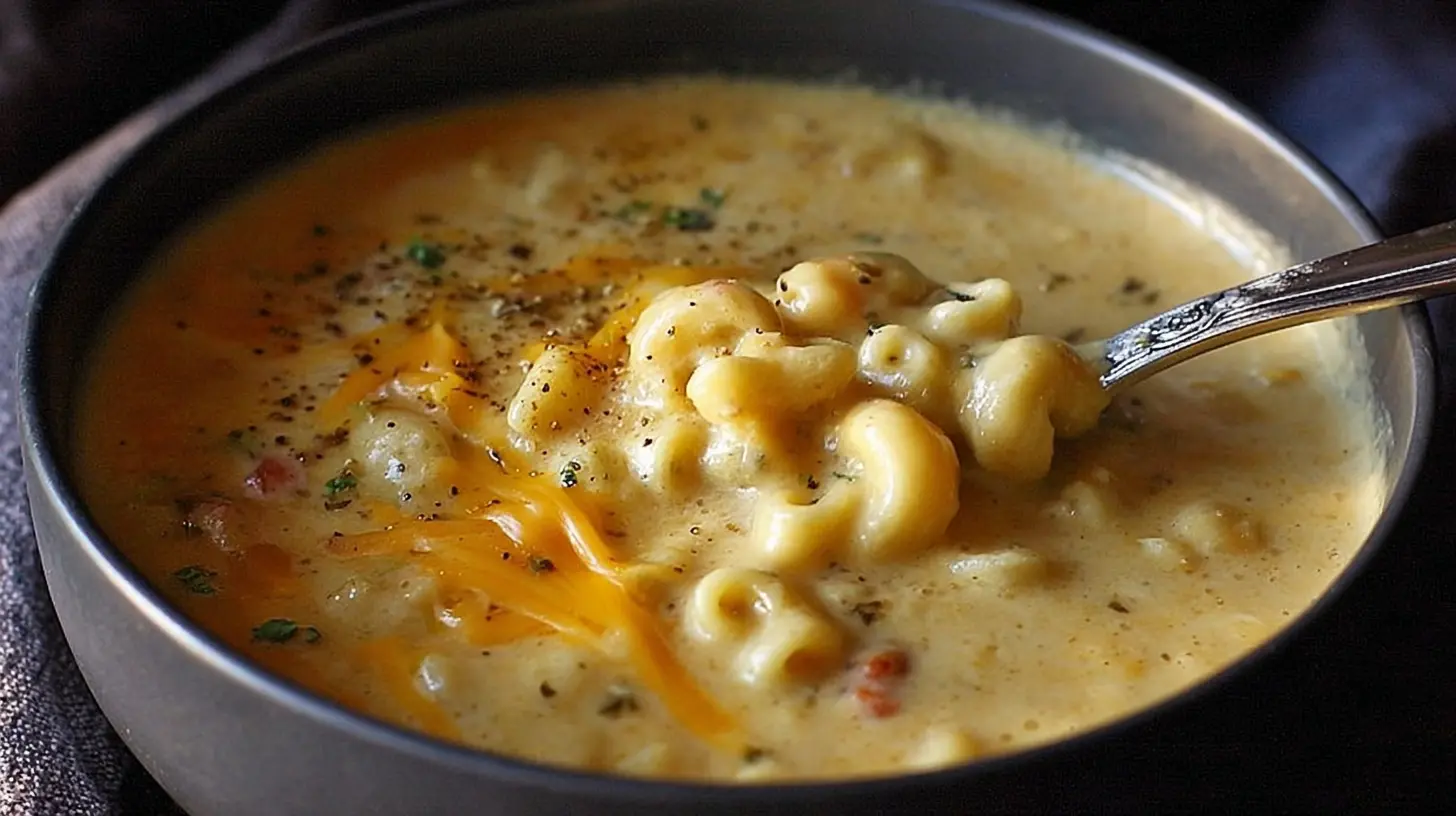 A steaming bowl of mac and cheese soup with melted cheese on top