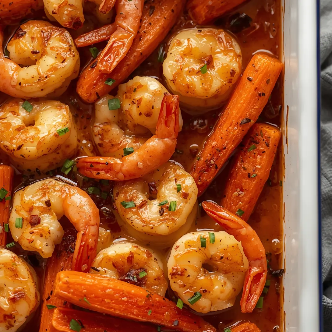 Close-up of maple glazed shrimp and roasted carrots on a serving dish
