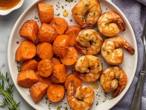 Close-up of maple glazed shrimp and roasted carrots on a serving dish