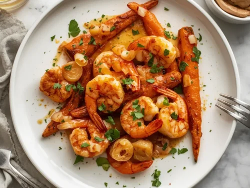Close-up of maple glazed shrimp and roasted carrots on a serving dish