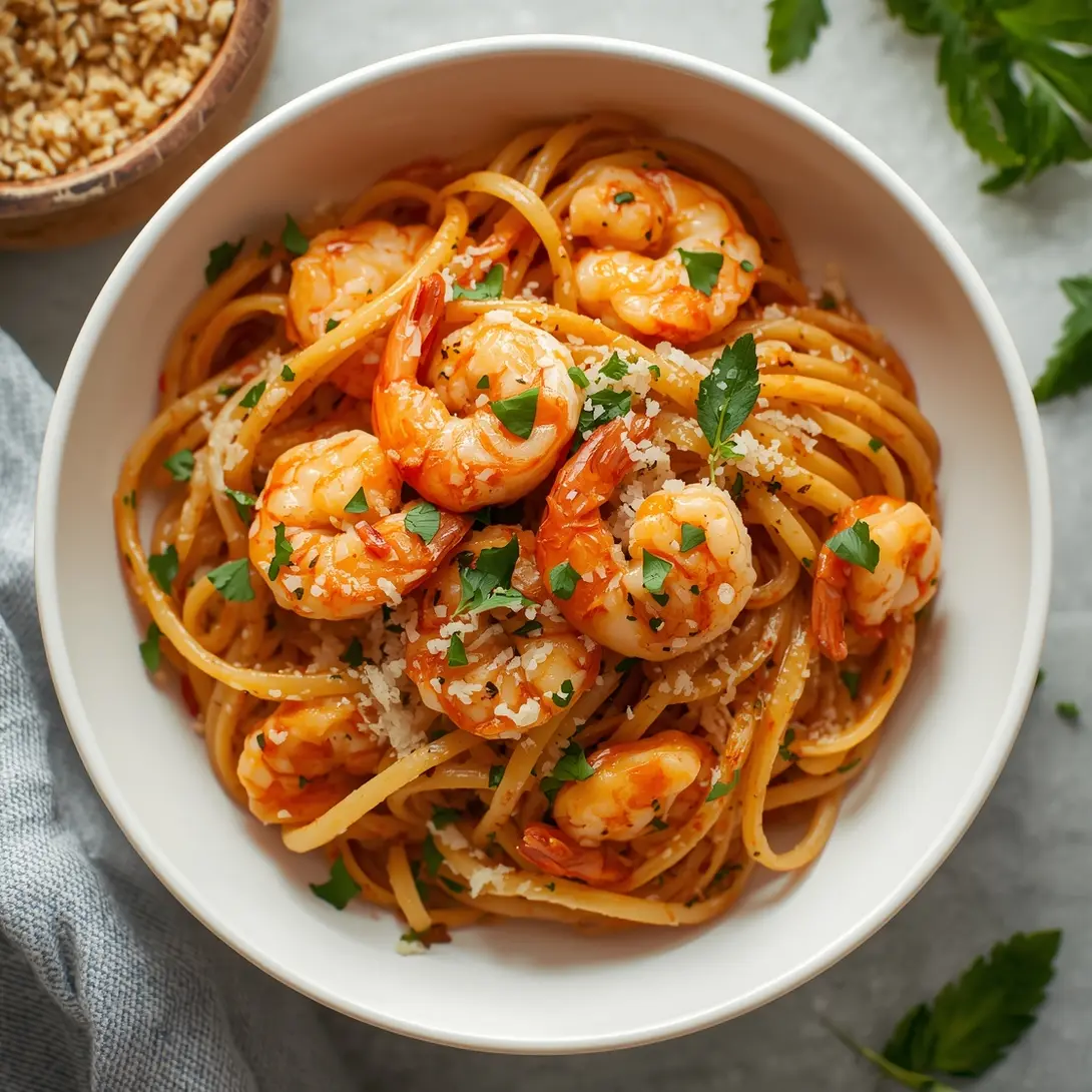 A close-up of Marry Me Shrimp Pasta in a white bowl, garnished with fresh herbs.
