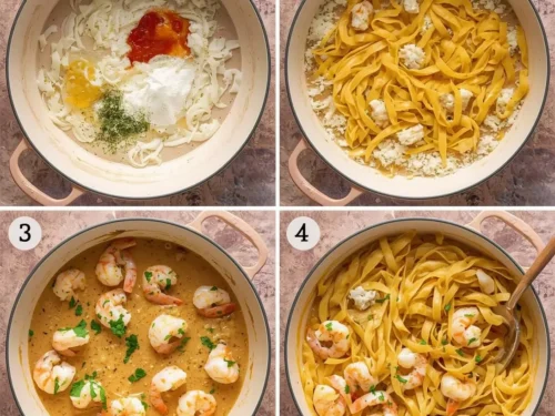 A close-up of Marry Me Shrimp Pasta in a white bowl, garnished with fresh herbs.