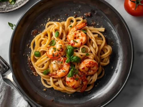 A close-up of Marry Me Shrimp Pasta in a white bowl, garnished with fresh herbs.