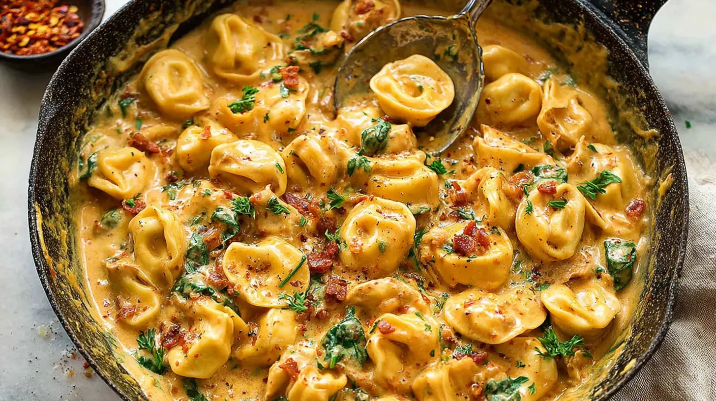 A serving of marry me tortellini with sun-dried tomatoes and spinach