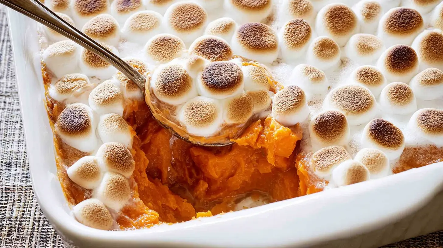 Golden sweet potato casserole topped with toasted marshmallows