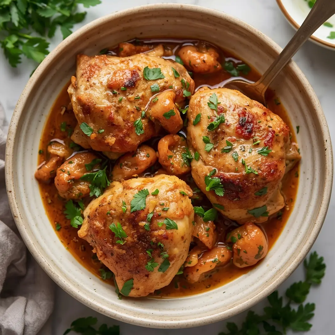 A close-up of tender Mediterranean Crockpot Chicken in a serving bowl with fresh herbs.