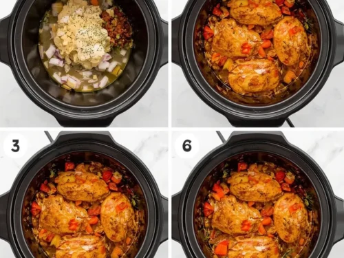 A close-up of tender Mediterranean Crockpot Chicken in a serving bowl with fresh herbs.