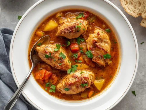 A close-up of tender Mediterranean Crockpot Chicken in a serving bowl with fresh herbs.