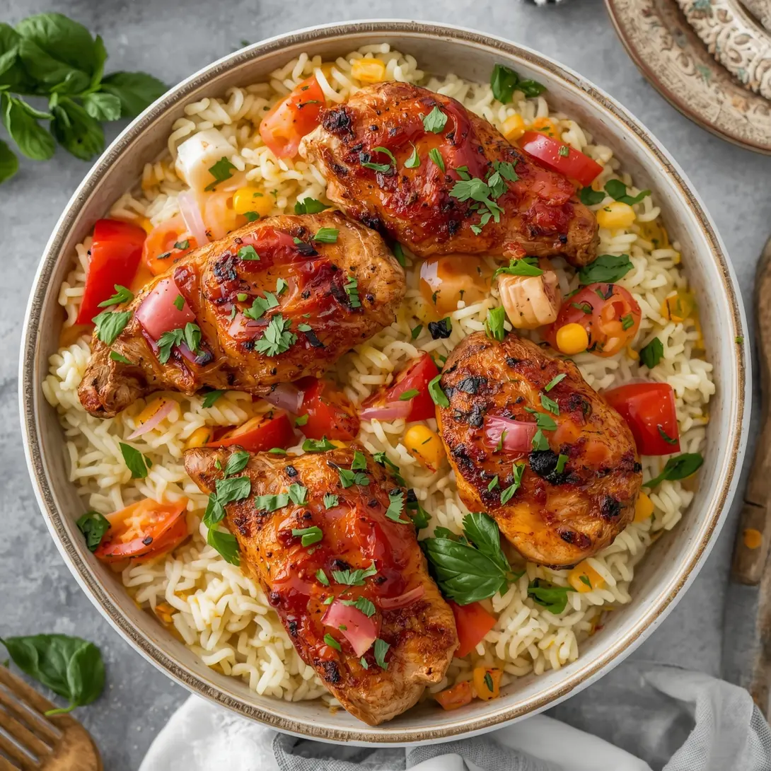 A close-up of tender Mediterranean Crockpot Chicken in a serving bowl with fresh herbs.