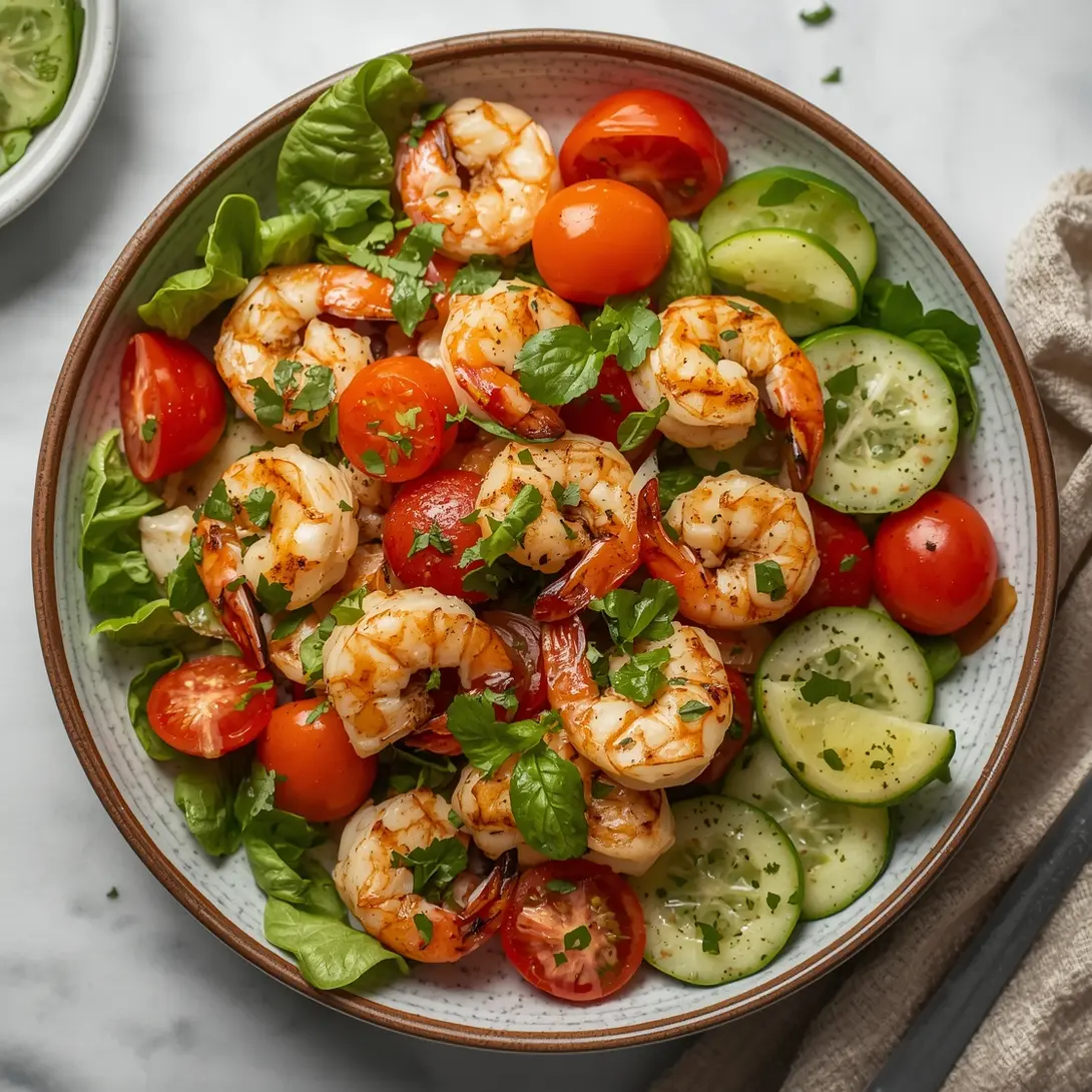 Fresh Mediterranean grilled shrimp salad with tomatoes and cucumbers