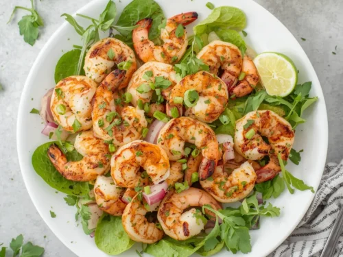 Fresh Mediterranean grilled shrimp salad with tomatoes and cucumbers