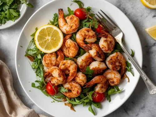 Fresh Mediterranean grilled shrimp salad with tomatoes and cucumbers