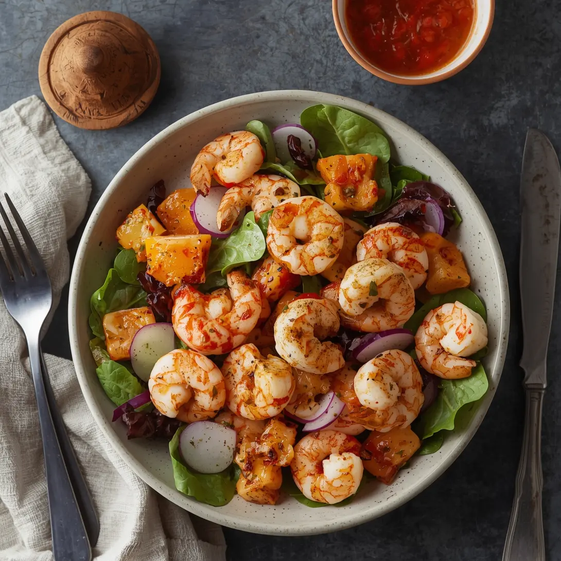Fresh Mediterranean grilled shrimp salad with tomatoes and cucumbers