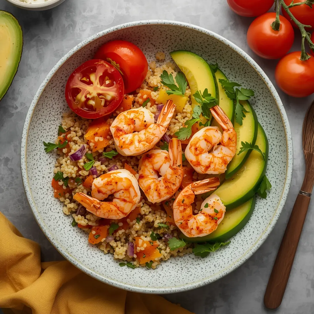 A vibrant shrimp and couscous Mediterranean bowl with fresh vegetables.