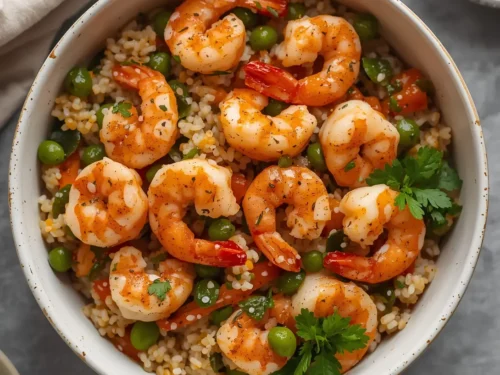 A vibrant shrimp and couscous Mediterranean bowl with fresh vegetables.