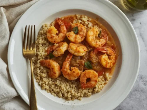A vibrant shrimp and couscous Mediterranean bowl with fresh vegetables.